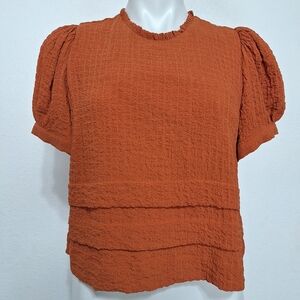 dRA "NEW" Orange Bohemian Retro Textured High Neck Short Sleeve Blouse Size S